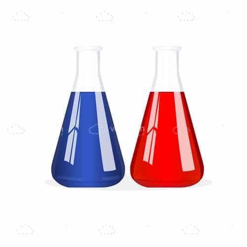 Pair of Laboratory Glass Bottles with Blue and Red Liquid